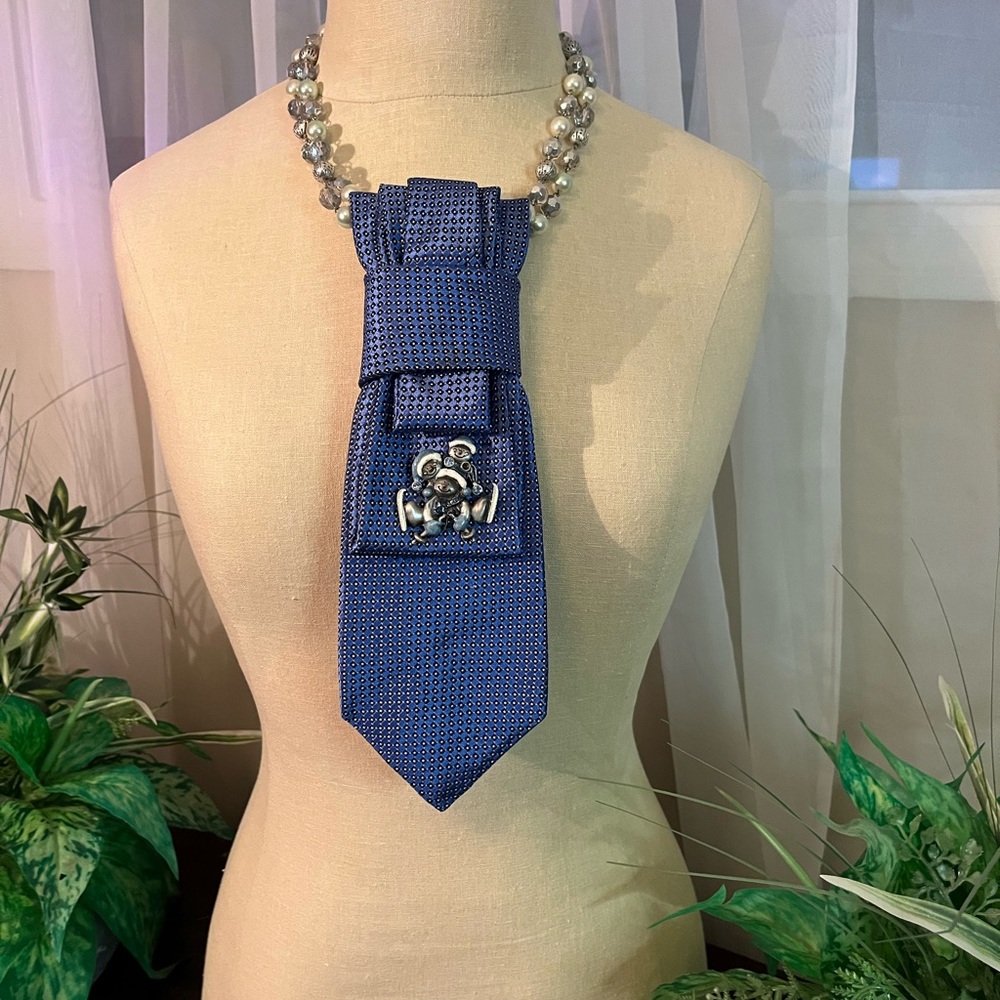 Blue Patterned Necktie Necklace with Silver Snowman Brooch